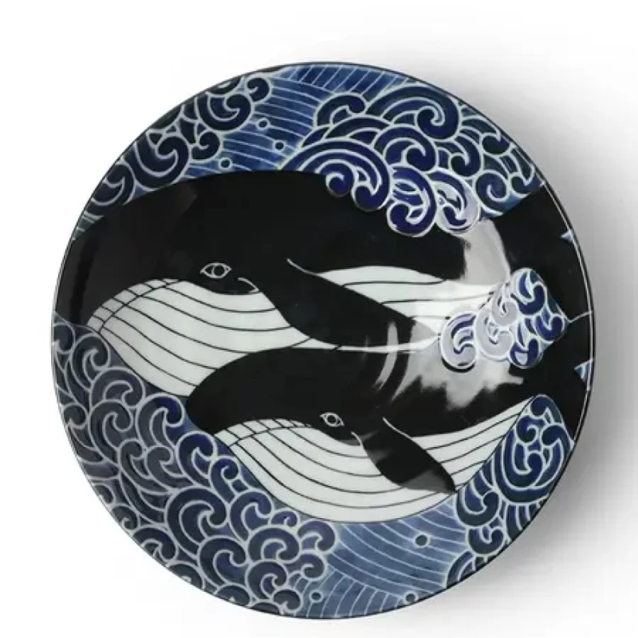 Miya Company Blue Whale Wave Design Shallow Bowl - 8.5 Inch Ceramic Dish for Dining & Decor