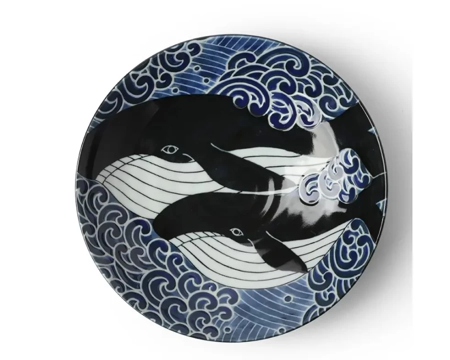 Miya Company Blue Whale Wave Design Shallow Bowl - 8.5 Inch Ceramic Dish for Dining & Decor