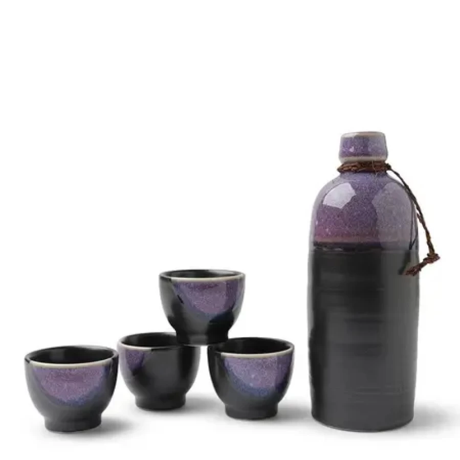 Miya Company Japanese Sake Set with Hulopoe Sunset Design - Traditional Ceramic Drinking Cups & Decanter for Authentic Experience