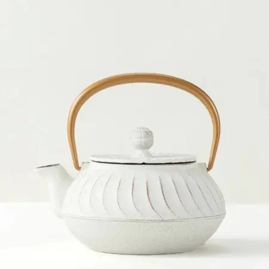 Miya Company Cast Iron Teapot with Gold Handle - Elegant White Wave Design for Japanese Tea Ceremony