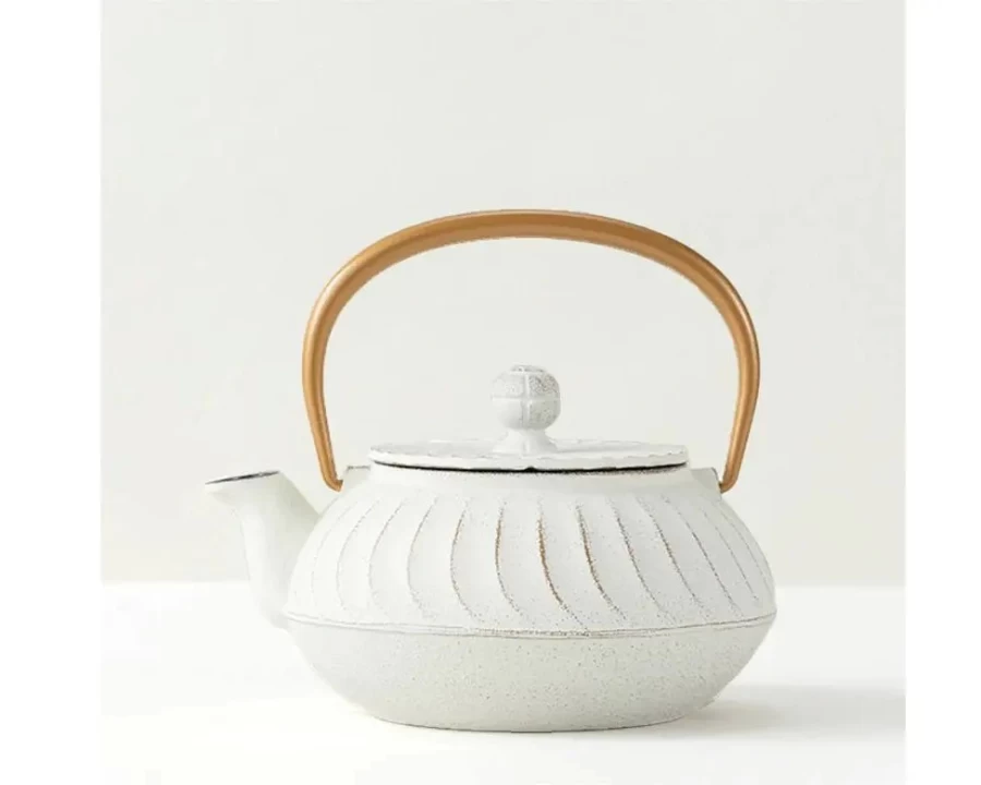 Miya Company Cast Iron Teapot with Gold Handle - Elegant White Wave Design for Japanese Tea Ceremony
