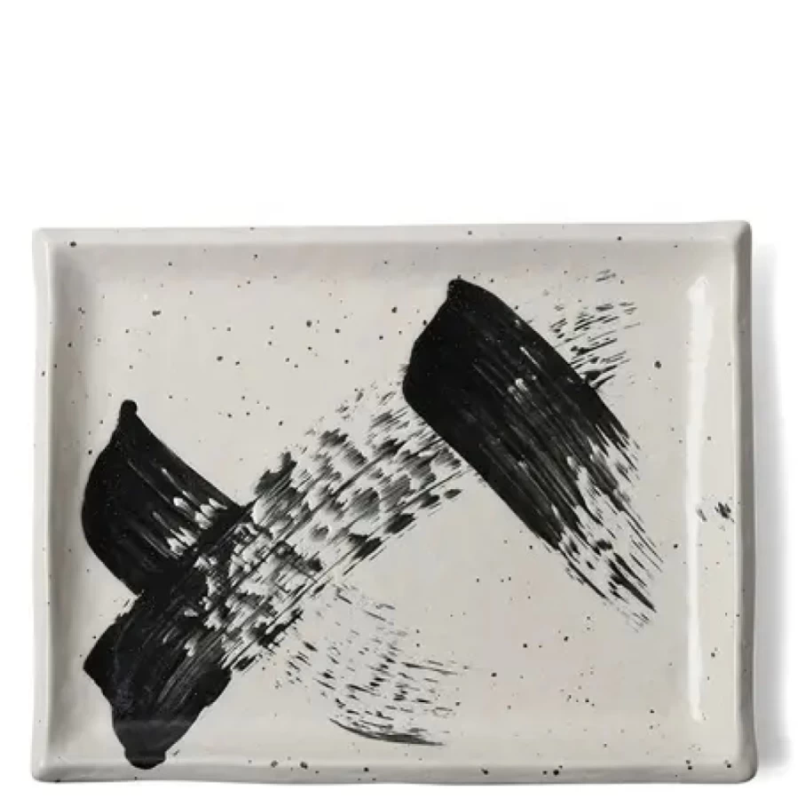 Miya Company Rectangle Serving Platter - Elegant Black and White Brush Design for Stylish Dining