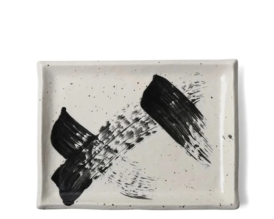 Miya Company Rectangle Serving Platter - Elegant Black and White Brush Design for Stylish Dining