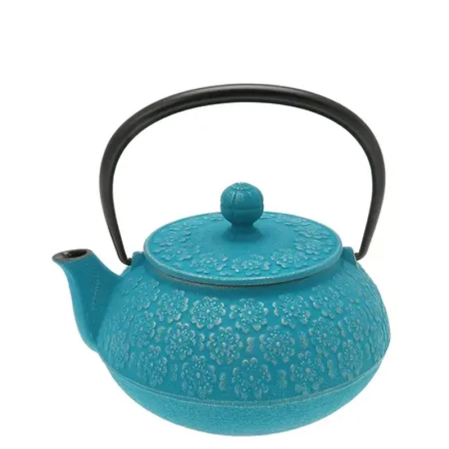 Miya Company Cast Iron Teapot with Silver Turquoise Sakura Design - Handcrafted Japanese Style Pot for Tea Lovers