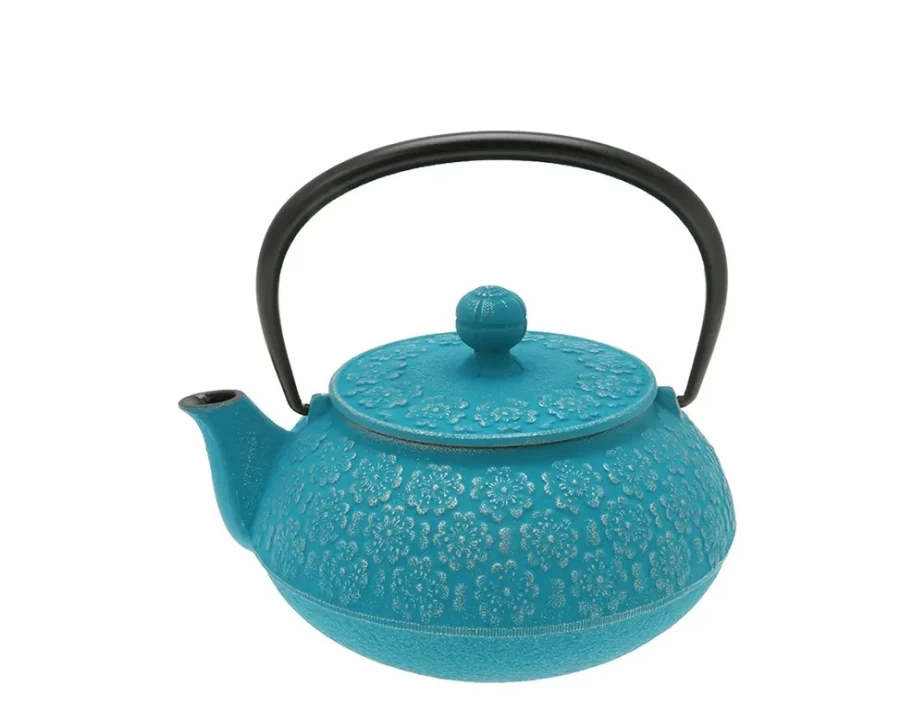 Miya Company Cast Iron Teapot with Silver Turquoise Sakura Design - Handcrafted Japanese Style Pot for Tea Lovers