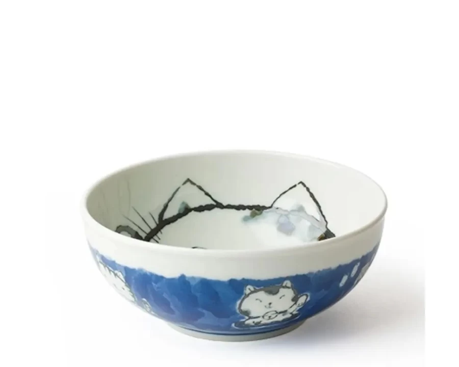 Miya Company 6.25 Inch Blue Fortune Cat Bowl - Ceramic Lucky Money Holder for Home & Office