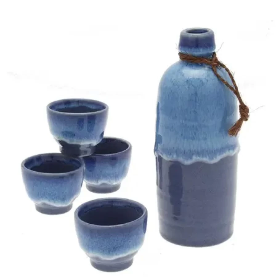 Miya Company Japanese Sake Set - Ocean Tide Ceramic Flasks with Cups, Traditional Gift Set