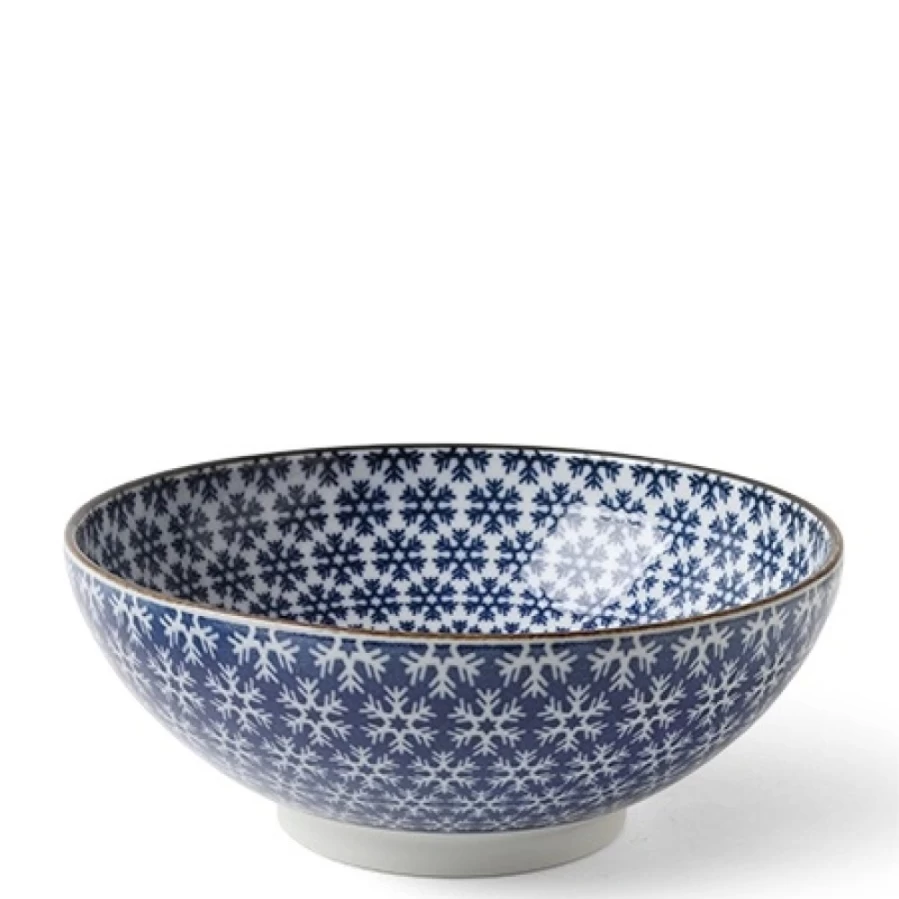 Miya Company Blue and White Snowflake Design Ceramic Bowl - 8.25 Inch Decorative Serving Dish