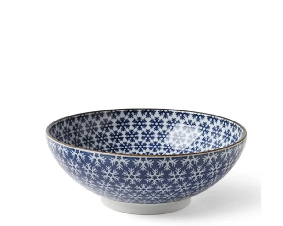 Miya Company Blue and White Snowflake Design Ceramic Bowl - 8.25 Inch Decorative Serving Dish