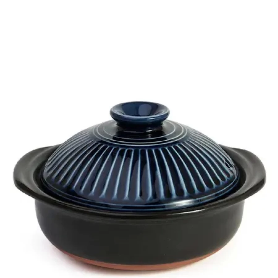 Miya Company Kikka Blue Donabe Casserole Pot, 28 Oz Japanese Clay Pot for Steaming, Serving, and Cooking