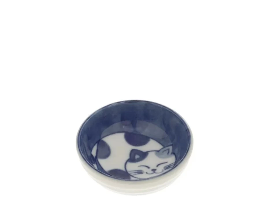 Miya Company Blue and White Ceramic Sauce Dish with Cat Nap Design