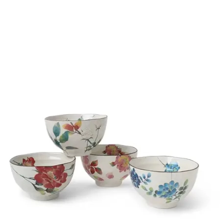 Miya Company Floral Summer Rice Bowl Set - Ceramic Dinnerware for Women, Girls, Teens - Cute Aesthetic Bowls for Soup, Salad, Cereal - Ideal Gift for Birthday, Housewarming