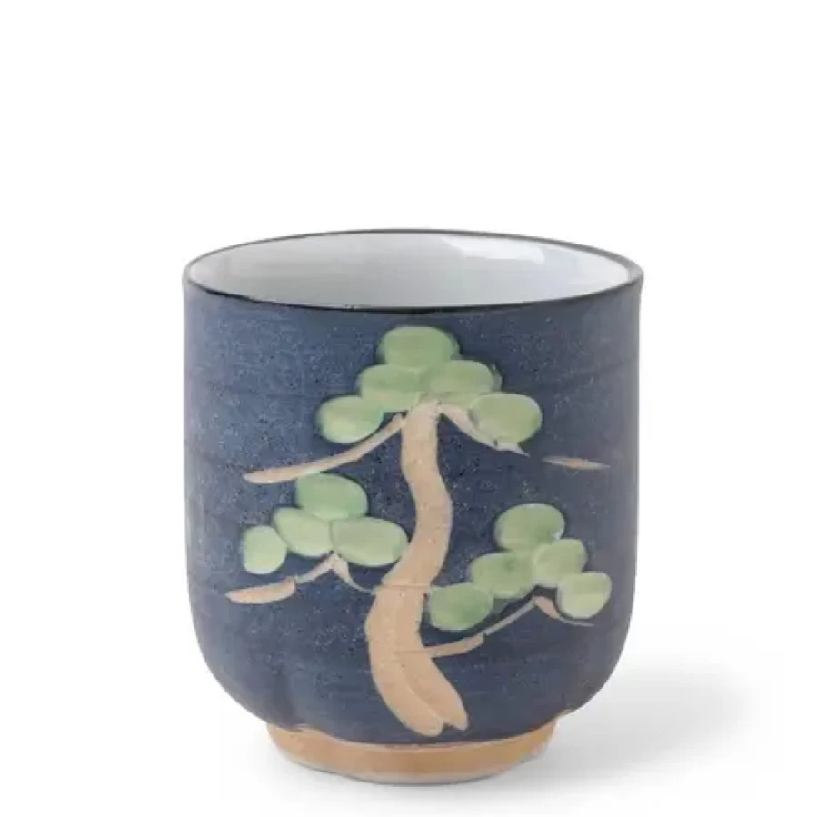 "Handcrafted Teacup with Carved Pine Tree Design by Miya Company – Elegant Ceramic Tea Cup"