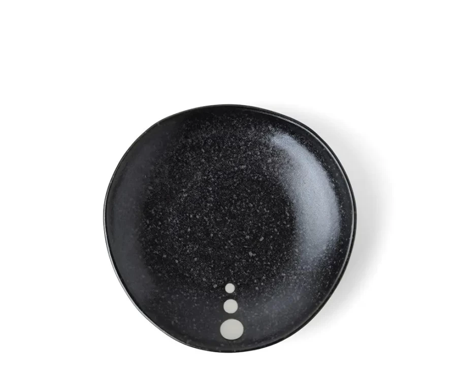 Miya Company 5-1/4" Satin Black Dinner Plate with White Polka Dots - Elegant Ceramic Tableware