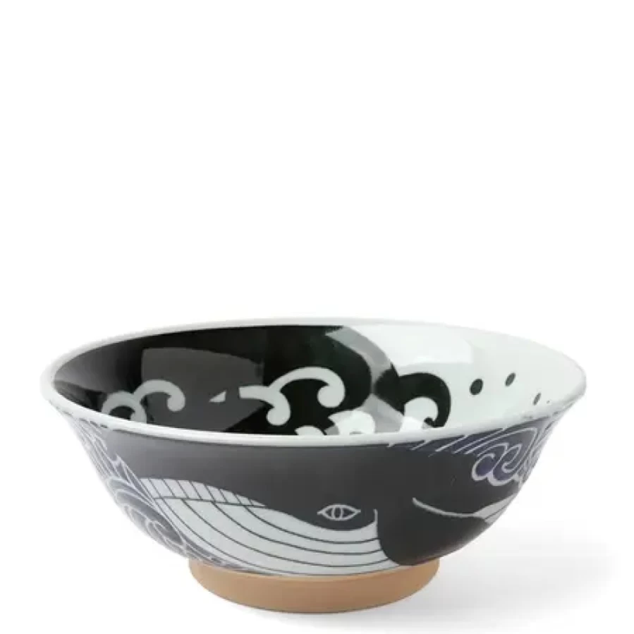"Miya Company Blue Whale Wave Design Ceramic Bowl - 8 Inch Ocean Themed Dining Decor"