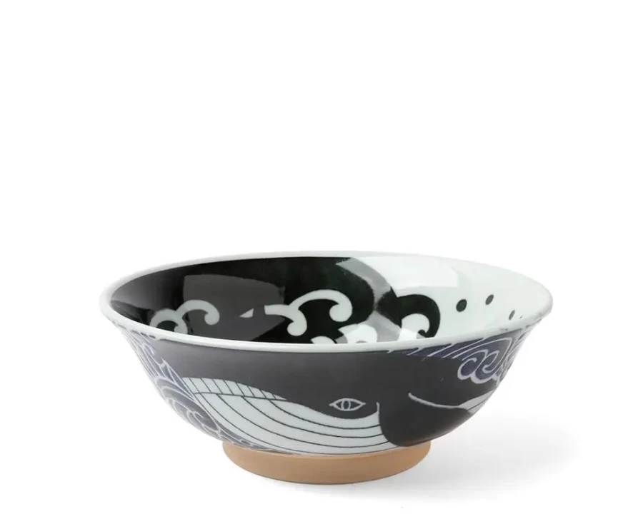 "Miya Company Blue Whale Wave Design Ceramic Bowl - 8 Inch Ocean Themed Dining Decor"