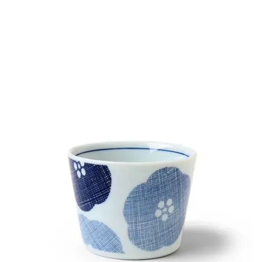 Miya Company Blue Ceramic Soba Noodle Cup with Textured Petal Design