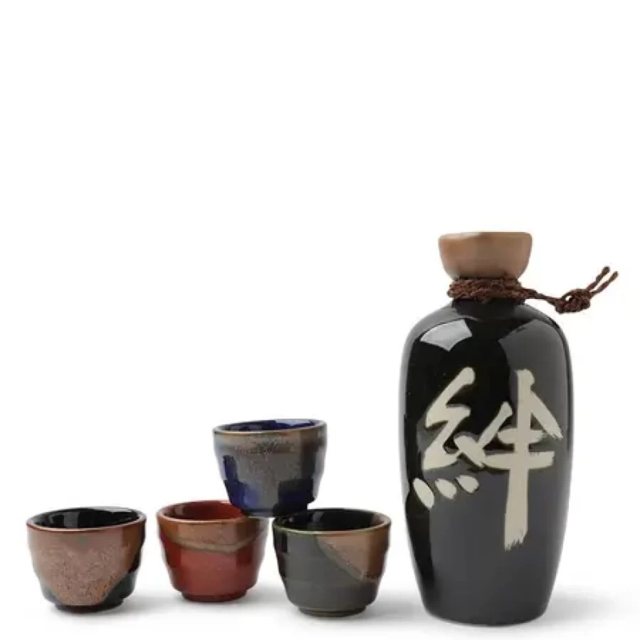 Miya Company Oribe Kizuna Sake Set - Traditional Japanese Ceramic Sake Bottle & Cups Gift Set