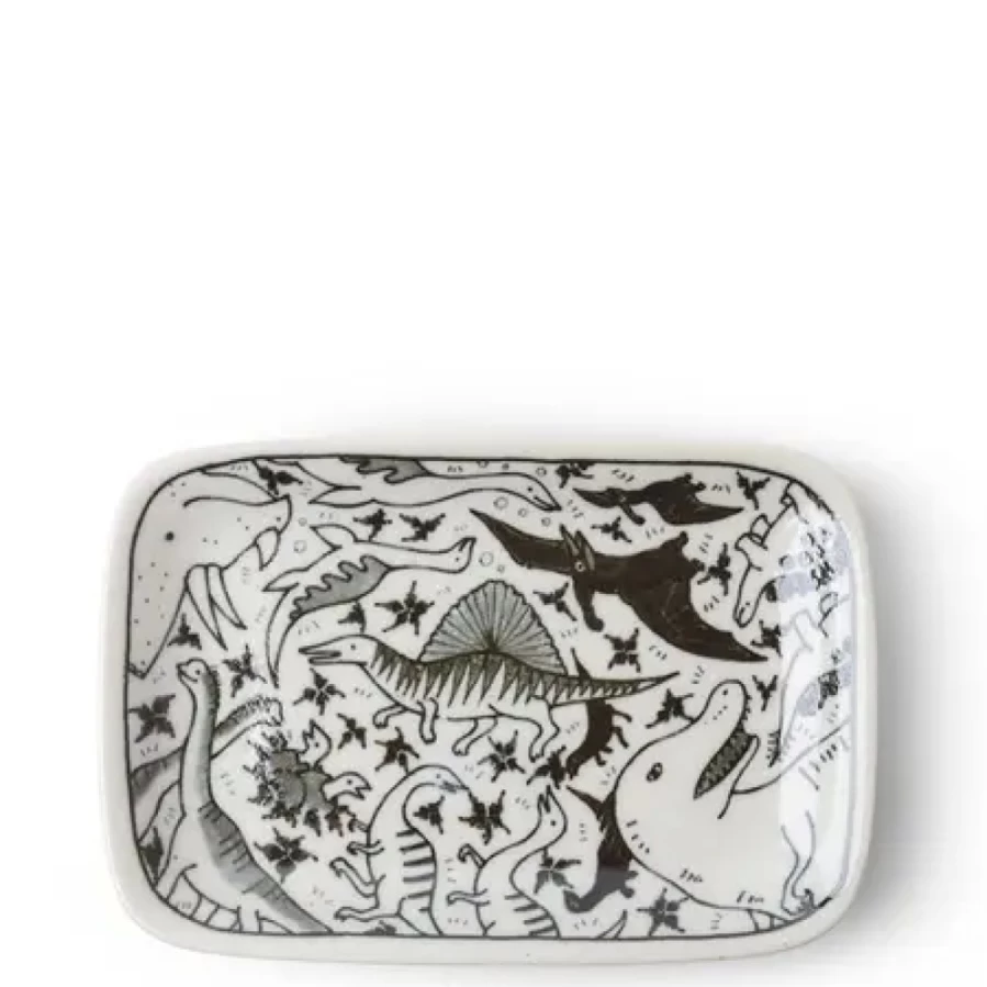 "Miya Company Happy Dinosaurs Ceramic Plate - Rectangle Dinosaur-Themed Dinnerware for Kids"