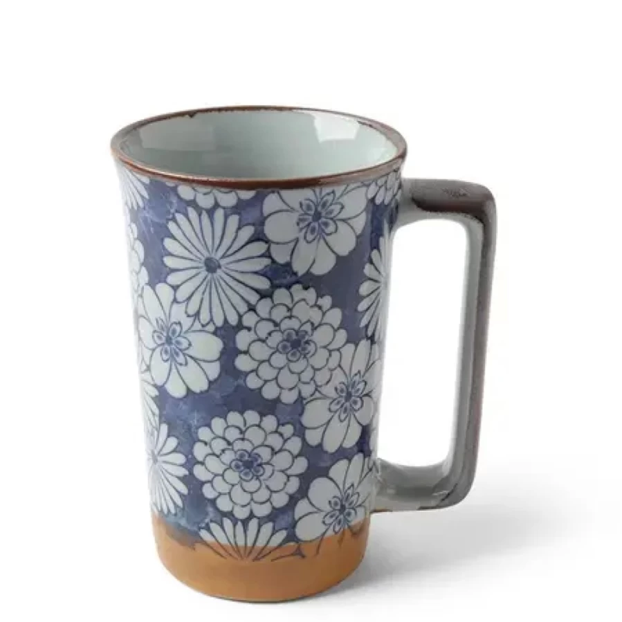 Miya Company 12 Oz Tall Blue Mums Ceramic Mug - Handmade Gift for Tea & Coffee Lovers