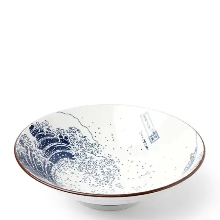 Miya Company Great Wave Ceramic Serving Bowl - Handcrafted Japanese Inspired Dining Tableware