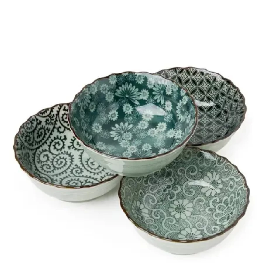 Antique Green Ceramic Bowl Set - 4.75 Inch Handcrafted Bowls by Miya Company - Vintage Style Kitchen & Dining Tableware