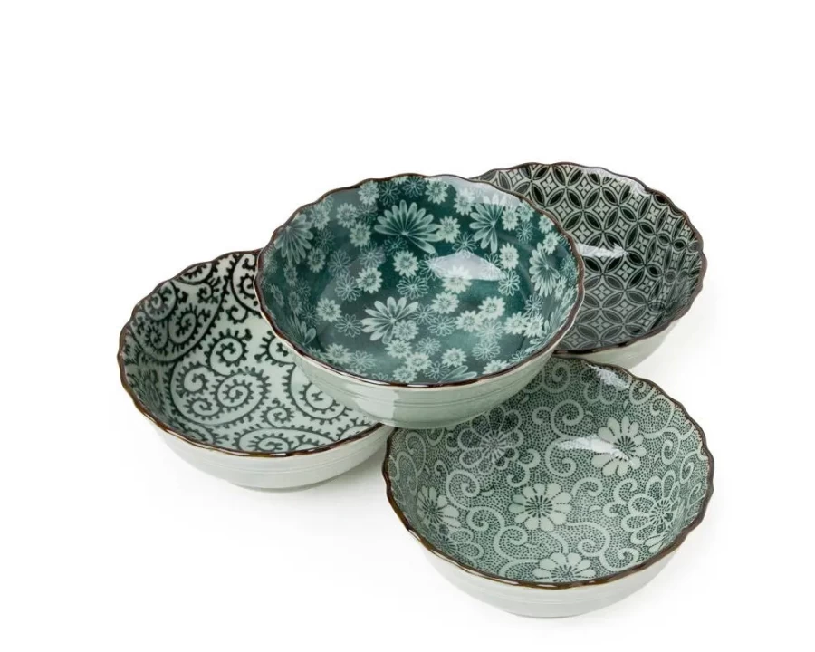 Antique Green Ceramic Bowl Set - 4.75 Inch Handcrafted Bowls by Miya Company - Vintage Style Kitchen & Dining Tableware
