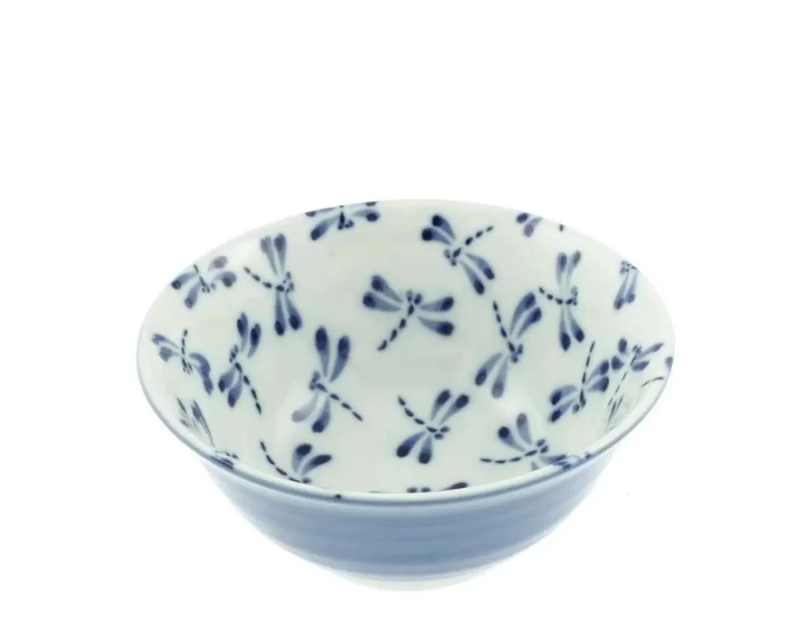 Miya Company Blue & White Dragonfly Ceramic Bowl - 6 Inch Handcrafted Decorative Dining Dish