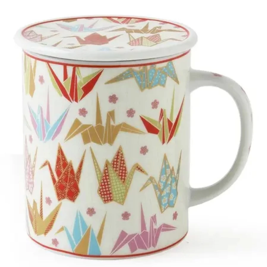 Miya Company Pink Origami Cranes 8 Oz Ceramic Mug with Lid - Handcrafted Japanese Design