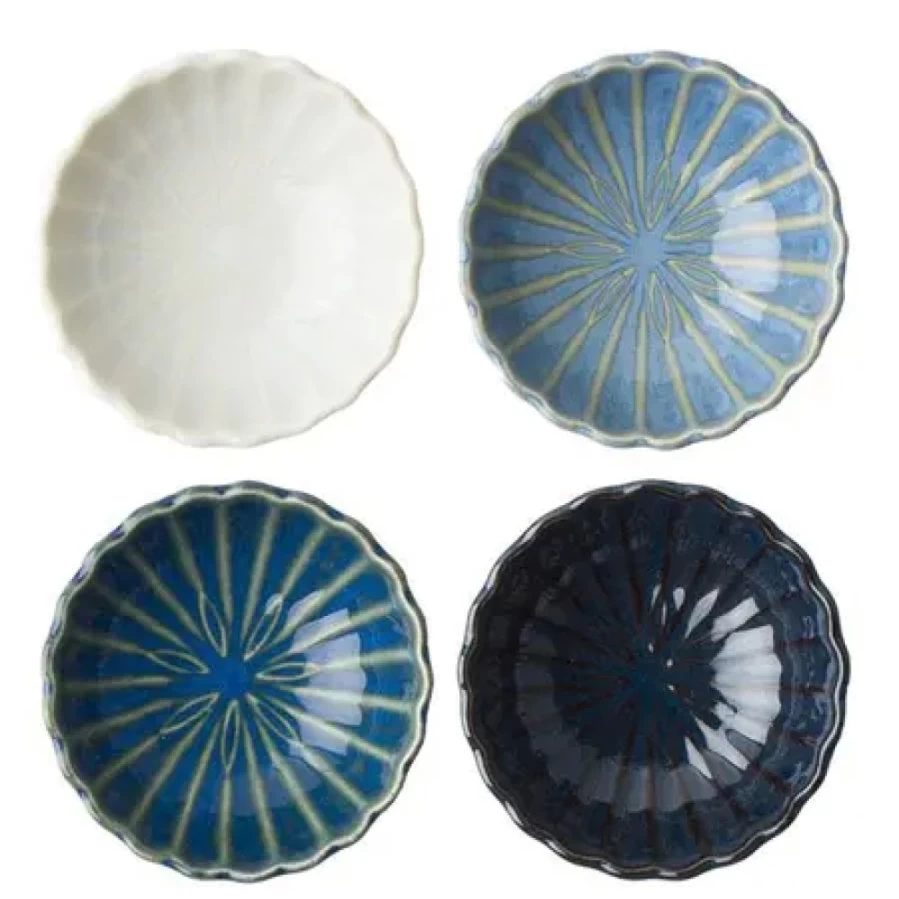 Miya Company Kiku 3.5 Inch Ceramic Sauce Dish Set - 4 Piece Small Appetizer Plates for Soy Sauce, Sushi, Dipping - Japanese Style Tableware