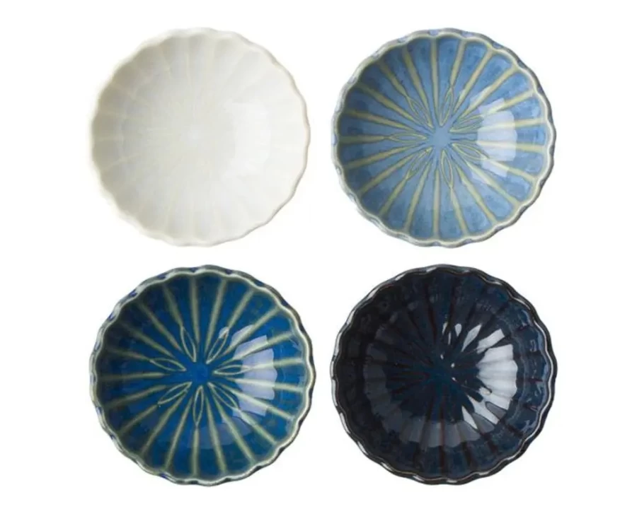 Miya Company Kiku 3.5 Inch Ceramic Sauce Dish Set - 4 Piece Small Appetizer Plates for Soy Sauce, Sushi, Dipping - Japanese Style Tableware