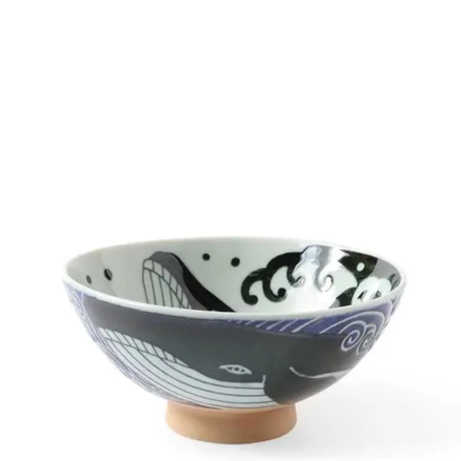 Miya Company Blue Whale Waves Design Rice Bowl – 5.75" XL, Ceramic Japanese-Style Soup Bowl