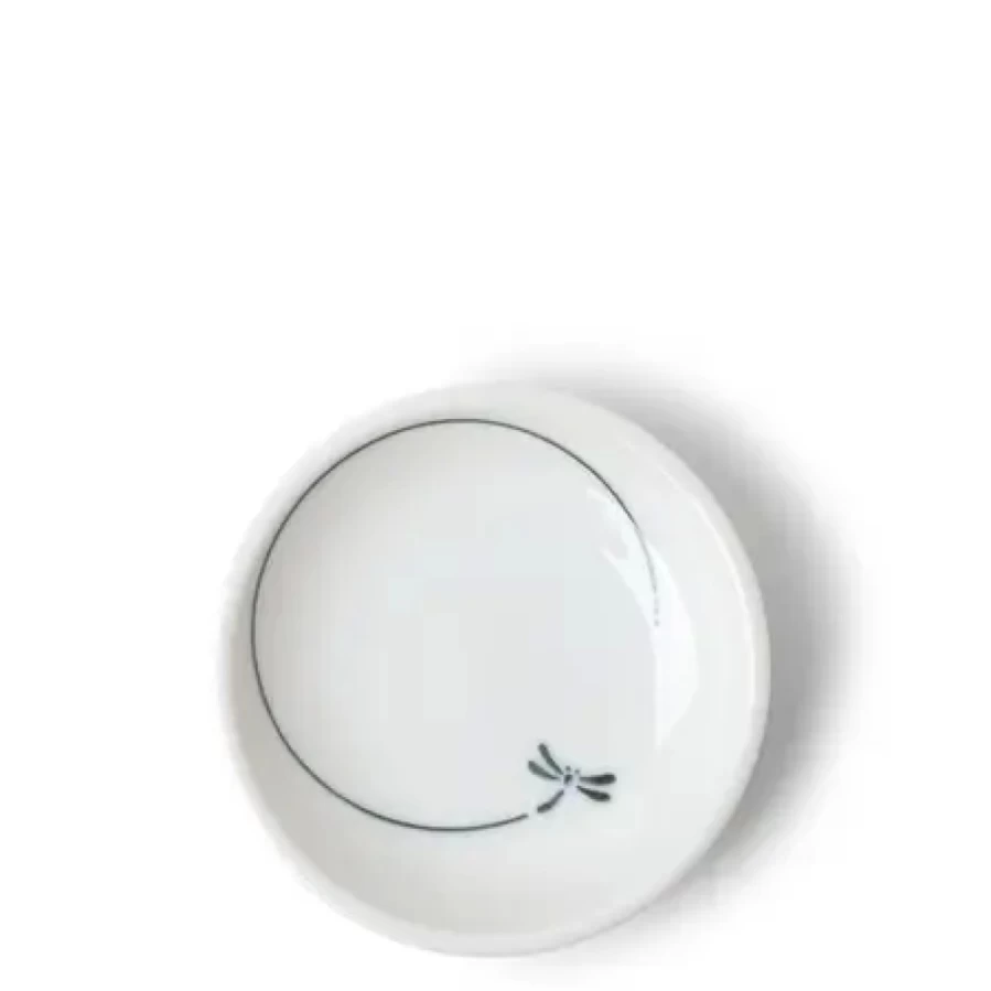 Miya Company 3-3/4" White Sauce Dish with Dragonfly Design - Decorative Ceramic Appetizer Plate for Dining & Serving