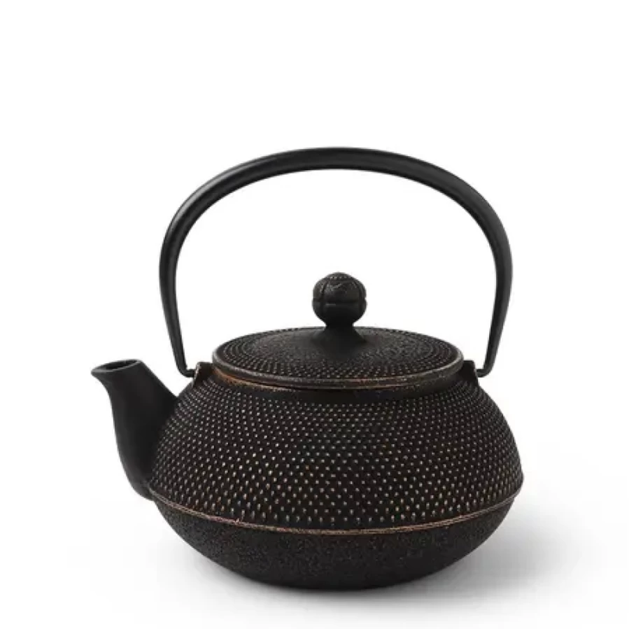 Miya Company Cast Iron Hobnail Teapot - 0.65L, Gold & Black, Japanese Style, Stovetop Safe