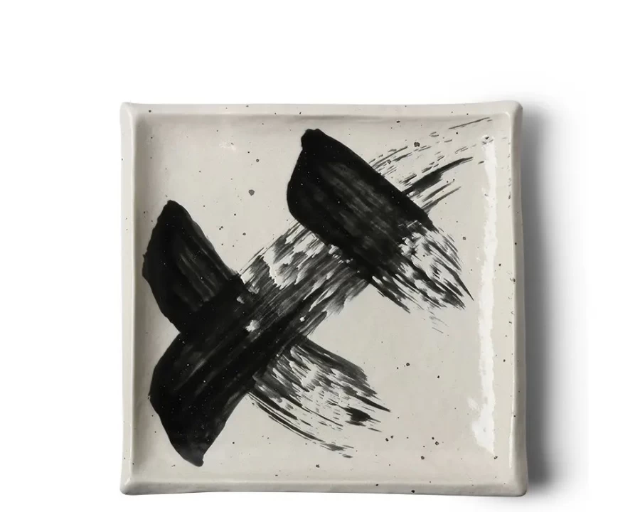 Miya Company Square Brush Plate - Black & White Ceramic Dinnerware for Modern Dining
