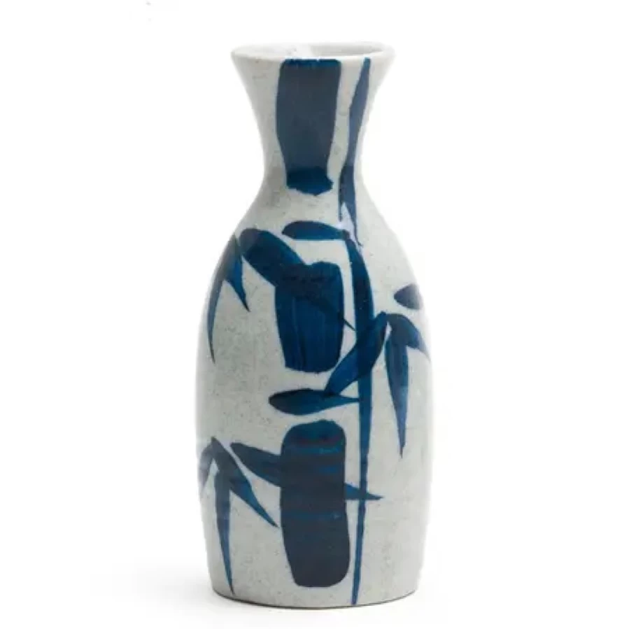 Miya Company Blue Bamboo 10 Oz. Sake Bottle - Handcrafted Ceramic Japanese Rice Wine Carafe