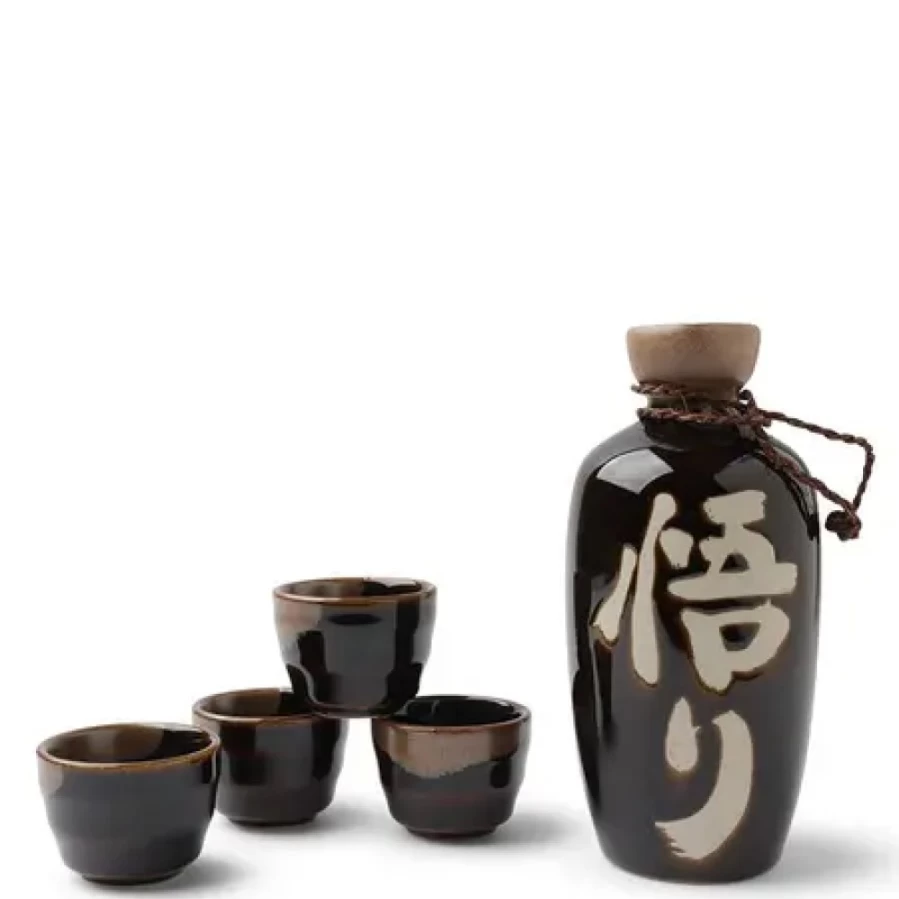 Miya Company Tenmoku Satori Sake Set - Traditional Japanese Ceramic Cup & Carafe