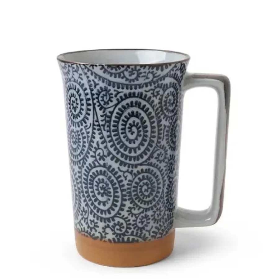 Miya Company Blue Karakusa 12 Oz. Ceramic Tall Mug - Japanese Floral Design Coffee Cup