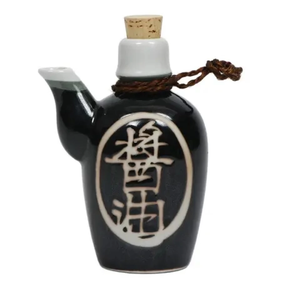 Miya Company Black Shoyu 8 Oz Soy Sauce Pot With Cork Stopper - Japanese Style Seasoning Container