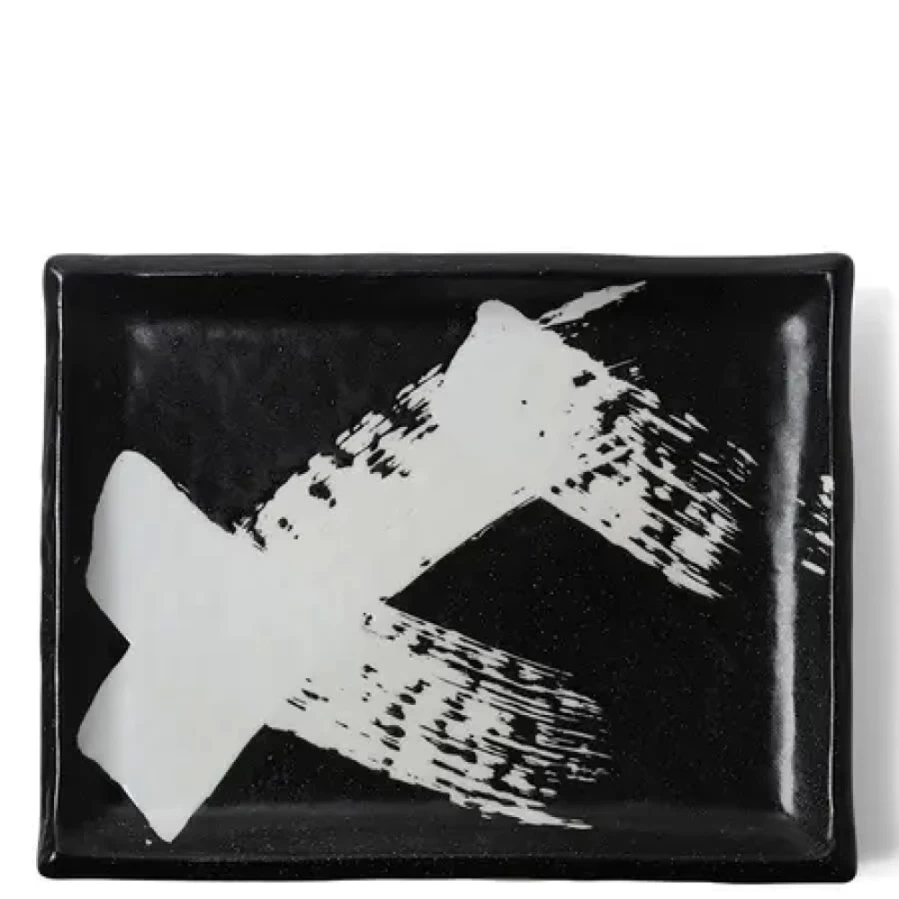 Miya Company Black and White Rectangular Serving Platter - Elegant Brush Design for Stylish Dining