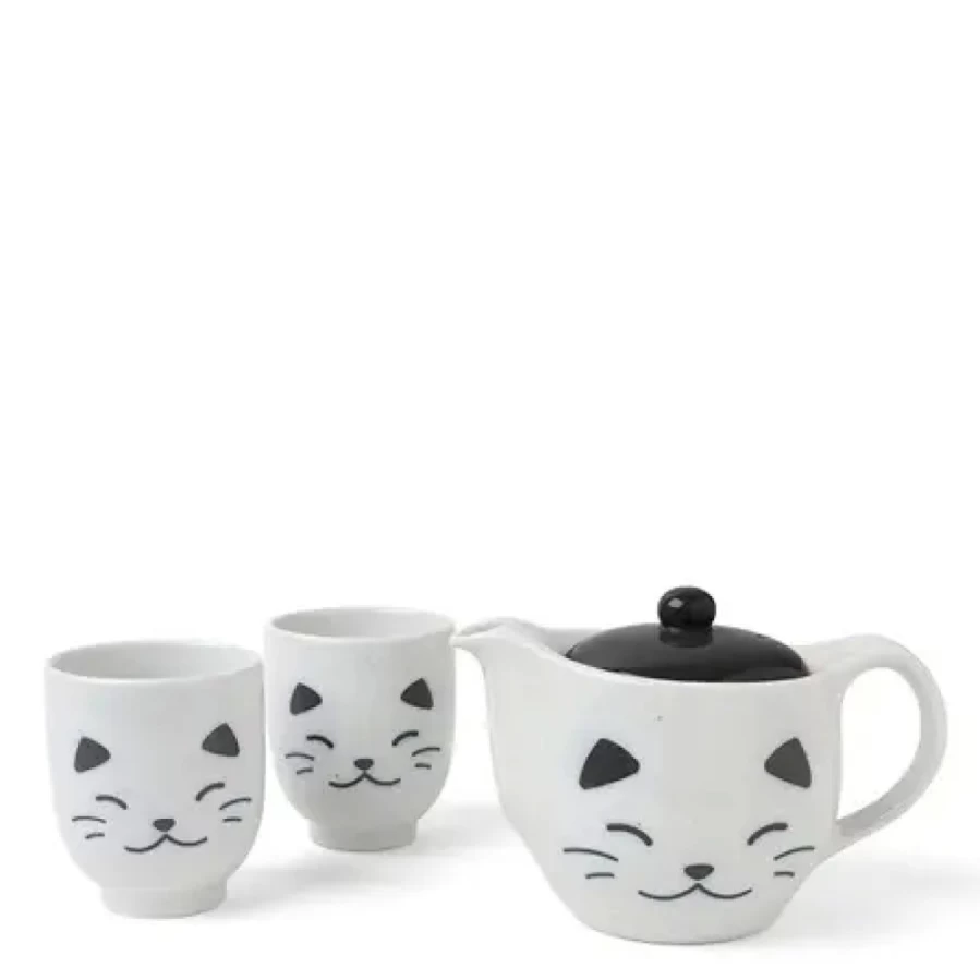 "Elegant White Cat-Themed Tea Set by Miya Company – Perfect for Tea Lovers"