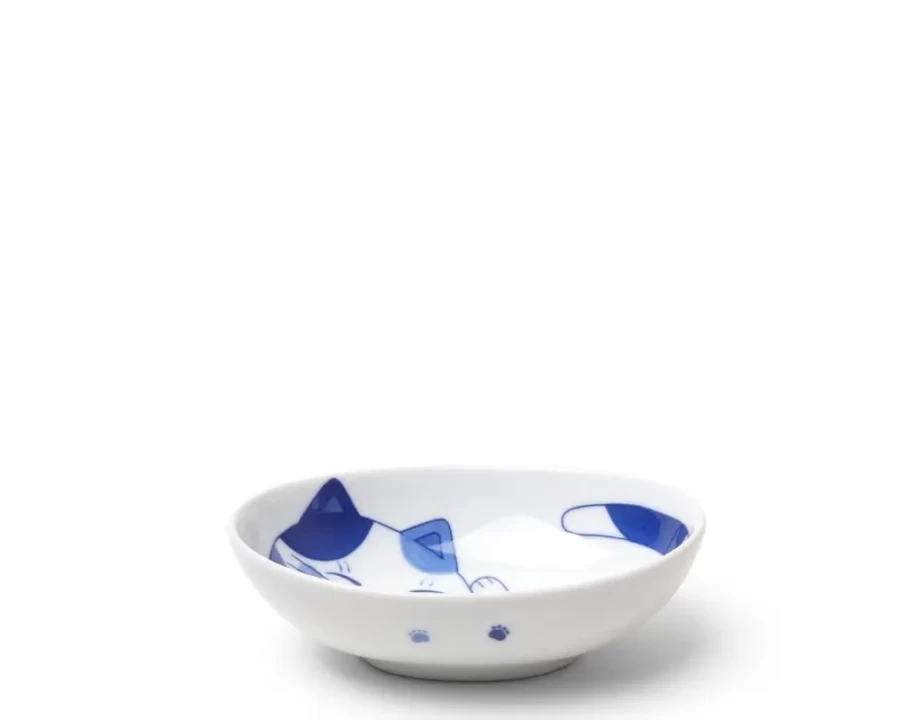 Miya Company Blue Cats Design 5-Inch Oval Ceramic Bowl – 3.75-Inch Wide Pet Food Dish