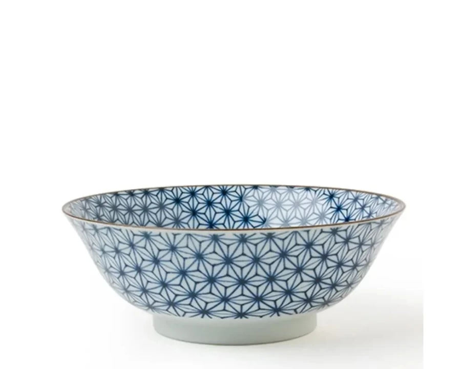 Miya Company Asanoha Blue 7.25 Inch Ceramic Bowl - Traditional Japanese Hexagon Pattern