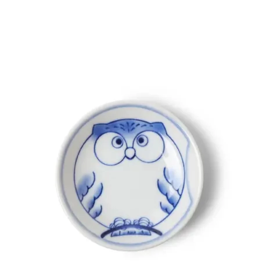 Miya Company 3.5 Inch Owl Design Blue Sauce Dish - Decorative Ceramic Condiment Bowl