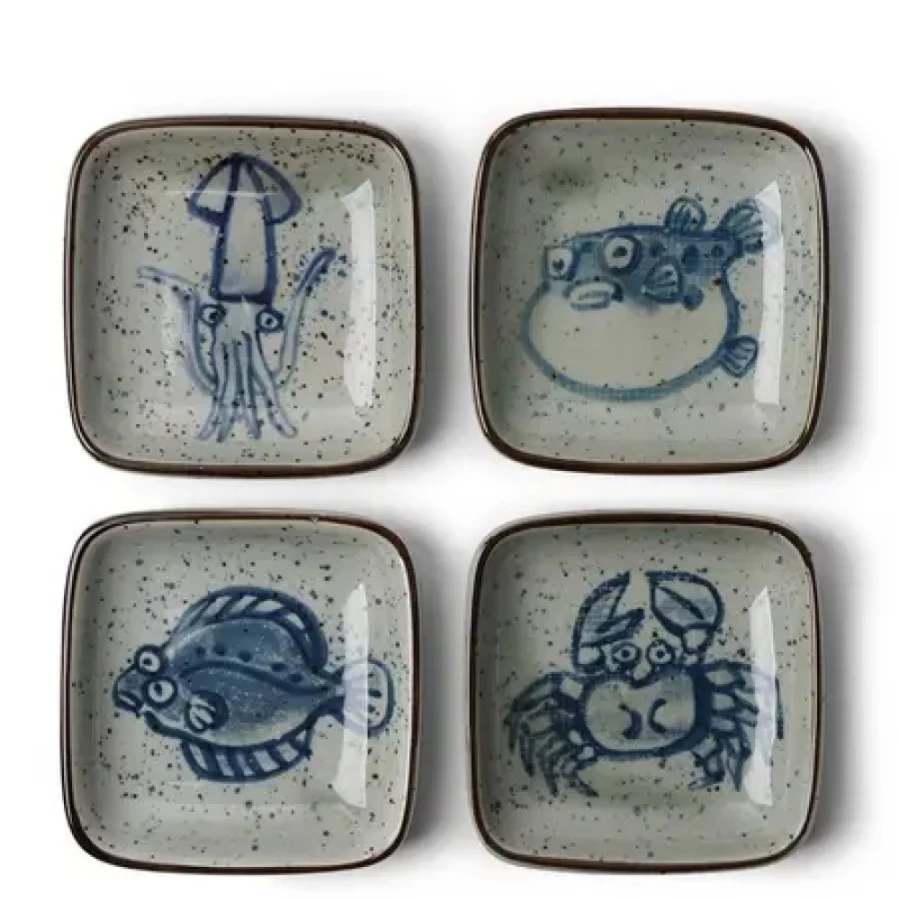 Miya Company 3.5 Inch Sea Life Sauce Dish Set of 4 - Decorative Ceramic Condiment Bowls for Dining & Entertaining