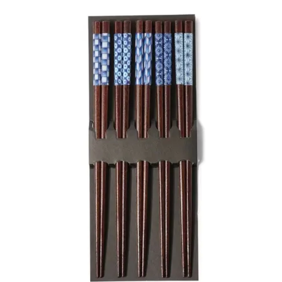 Miya Company Wooden Chopsticks Set with Aizome Patterns - Handcrafted Japanese Style Dining Utensils