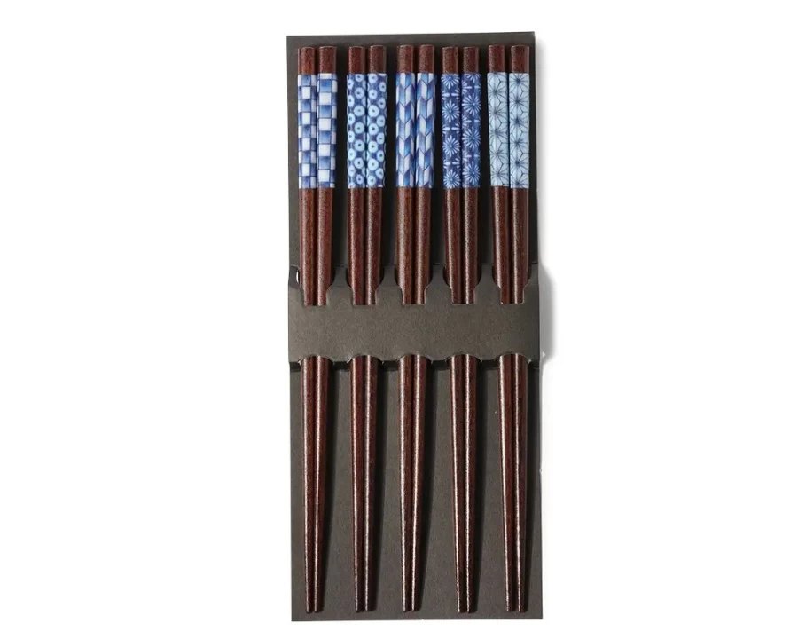 Miya Company Wooden Chopsticks Set with Aizome Patterns - Handcrafted Japanese Style Dining Utensils