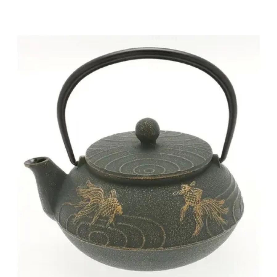 Miya Company Cast Iron Teapot with Bronze Goldfish Design - Japanese Style Iron Teapot for Tea Lovers