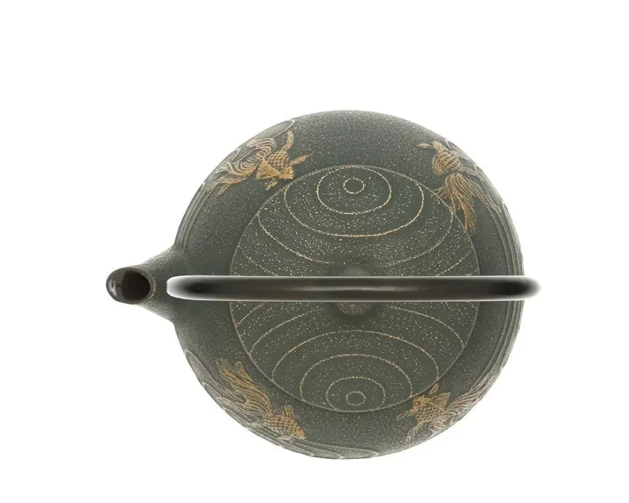 Miya Company Cast Iron Teapot with Bronze Goldfish Design - Japanese Style Iron Teapot for Tea Lovers