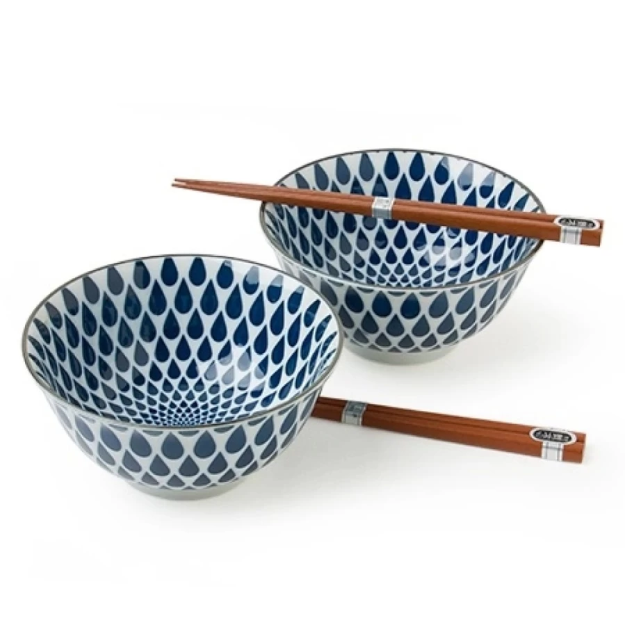 Miya Company Blue & White Ceramic Rain Bowl Set - Handcrafted Dinnerware for Modern Dining